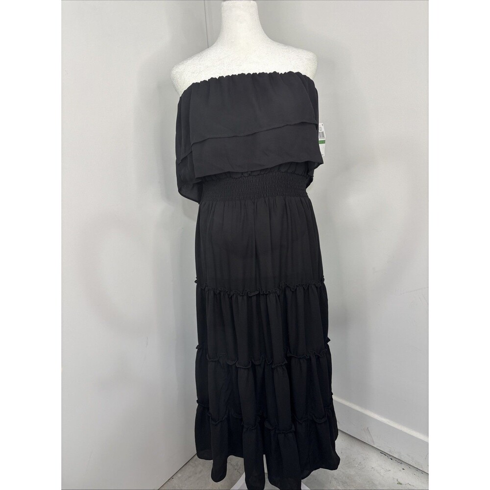 NWT‎ Essentials Women's Black Strapless Ruffled Midi Dress Sz Large New